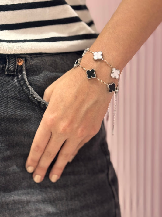 Pulsera trébol plateado - Blanco, Acero