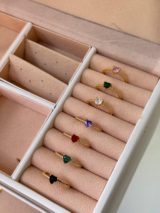 Anillo corazón en circon - rosado, Rodio